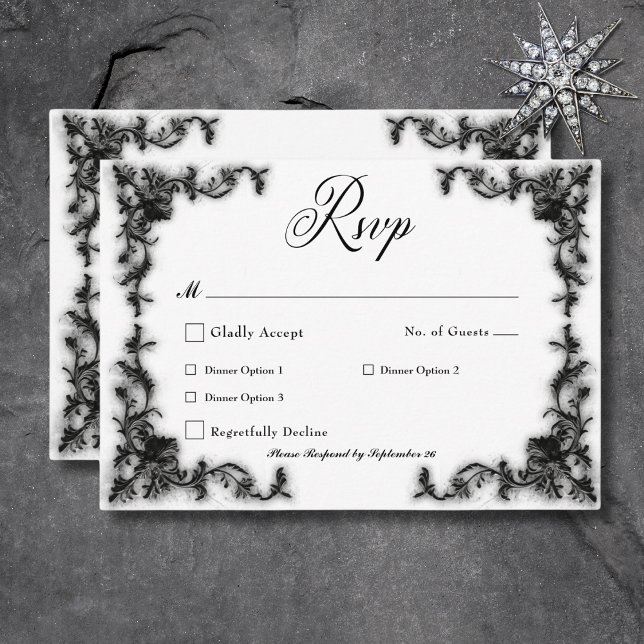Gotham Black & White Filigree Heart Middag OSA Kort (Gothic Black & White Filigree Heart Dinner RSVP Card)