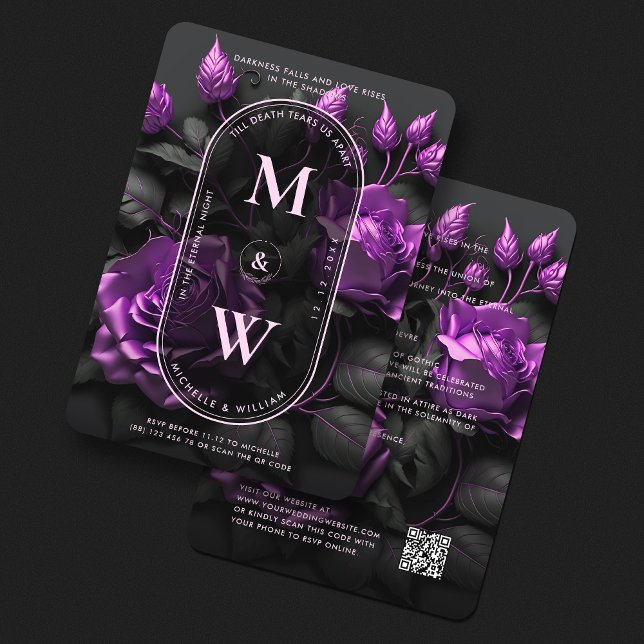 Gotham Blommigt Lila Ro Boho Elegant bröllop Inbjudningar (Gothic Floral Purple Roses Boho Elegant Wedding Invitation
)