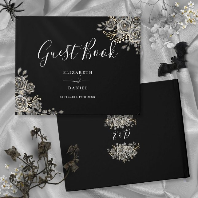 Gotham Blommigt Ro Black and White Bröllop Gästböcker (Gothic Floral Roses Black And White Wedding Guest Book)