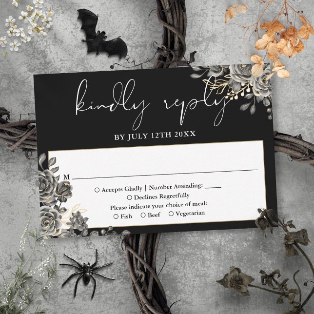 Gotham Blommigt Ro Black and White Bröllop OSA Kort (Gothic Floral Roses Black And White Wedding RSVP Card)