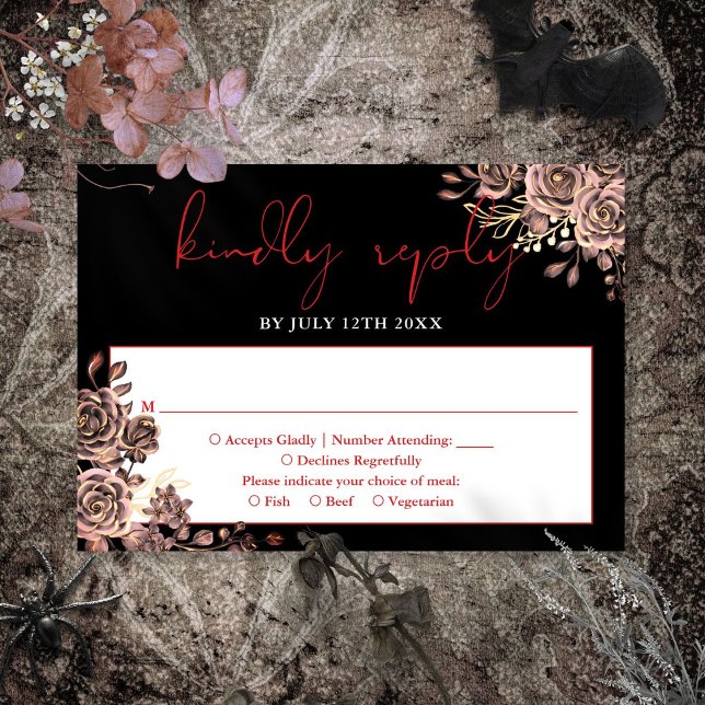 Gotham Blommigt Ro Black och Red Bröllop OSA Kort (Gothic Floral Roses Black And Red Wedding RSVP Card)