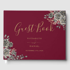 Gotham Blommigt Ro Burgundy Red och Guld Bröllop Gästböcker