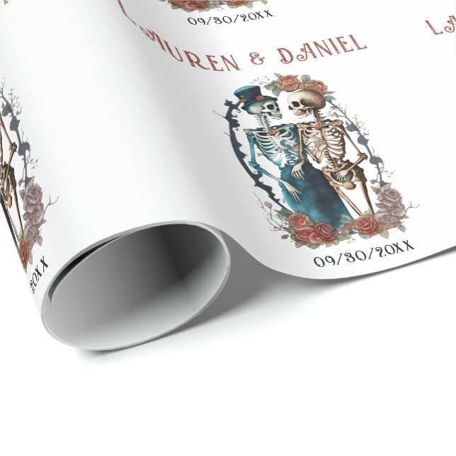 Gotham Blommigt Skeleton Älskare Namn Bröllop Presentpapper (Rullad Hörn)