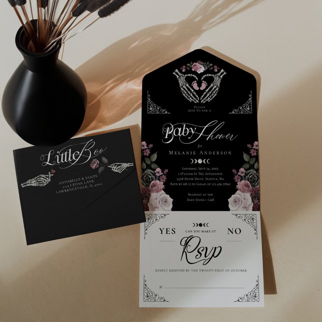 Gotham Blommigt Skeleton Hand Heart Flicka Shower (Gothic Floral Skeleton Hand Heart Baby Girl Shower All In One Invitation)