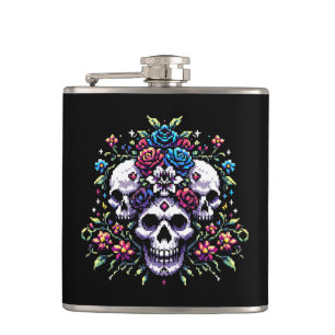 Gotham Bloom - Mystical Blommigt Skull Pixel Art Fickplunta