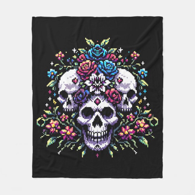 Gotham Bloom - Mystical Blommigt Skull Pixel Art Fleecefilt (Framsidan)