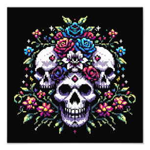 Gotham Bloom - Mystical Blommigt Skull Pixel Art Fototryck