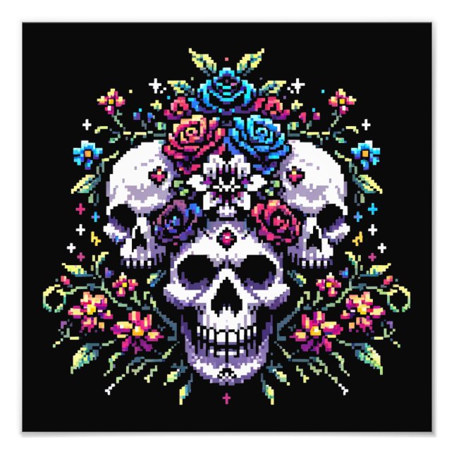 Gotham Bloom - Mystical Blommigt Skull Pixel Art Fototryck (Framsidan)
