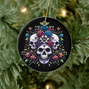 Gotham Bloom - Mystical Blommigt Skull Pixel Art Julgransprydnad Keramik