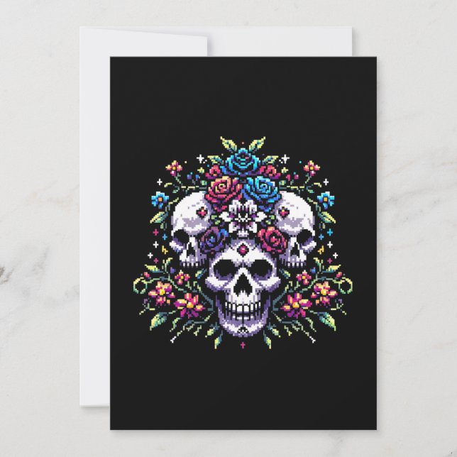 Gotham Bloom - Mystical Blommigt Skull Pixel Art Julkort (Framsida)