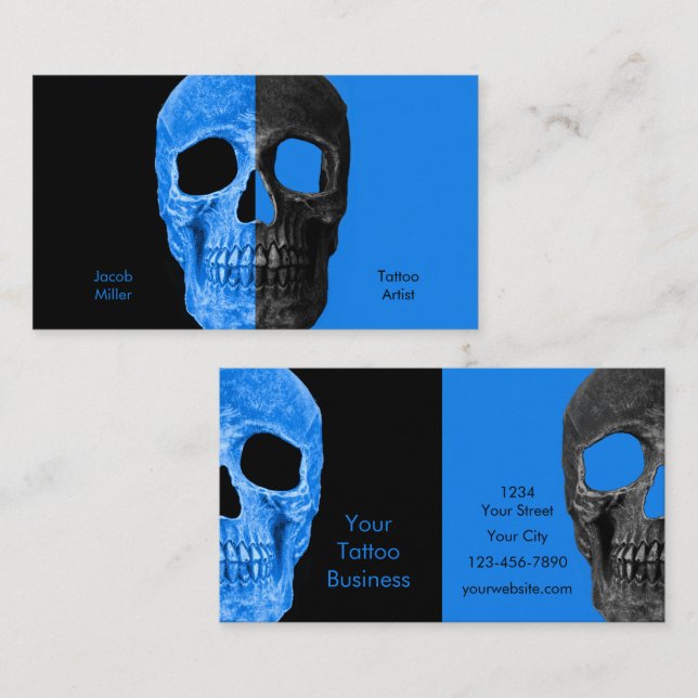 Gotham Halva Skullhuvuden Black Blue Tatto Shop Visitkort (Fram/baksida)
