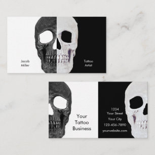 Gotham Halvskullhuvud, svart och vit tatueringshop Visitkort