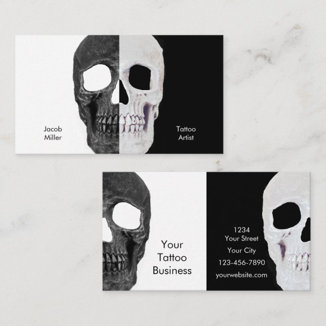 Gotham Halvskullhuvud, svart och vit tatueringshop Visitkort (Fram/baksida)