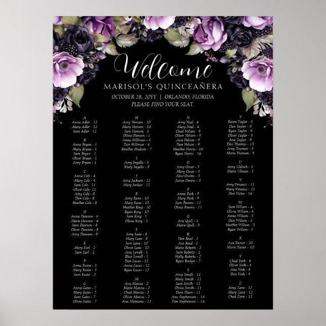Gotham Lila & Black Moody Blommigtar Quinceañera Poster (Framsidan)