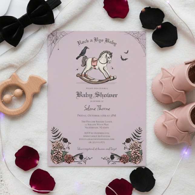 Gotham Lila Rocking Horse Sten a Adjö Baby Shower Inbjudningar (Gothic Baby Shower Invitations. Elegant Lilac Floral Spooky Rocking Horse Illustration 4 Halloween )