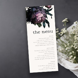 Gotham Mörk Lila Black Peony Bröllop Menu Card Inbjudningar