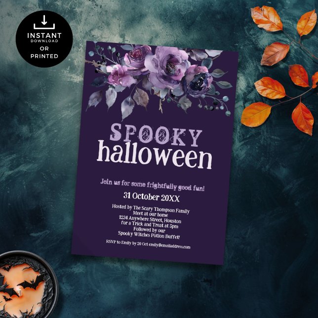 Gotham Mörk Lila Blommigts Spooky Halloween Inbjudningar (Skapare uppladdad)