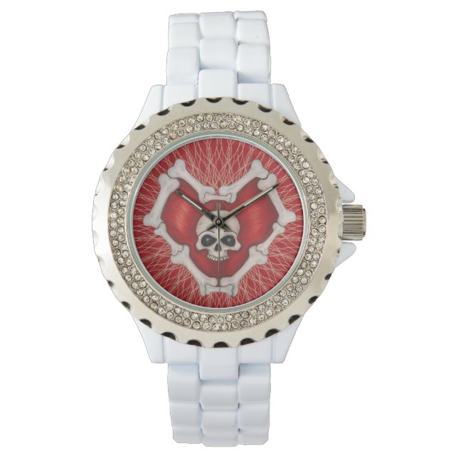 Gotham Mörk Red Heart med skelett Skull Spiral Lin Armbandsur (Framsida)