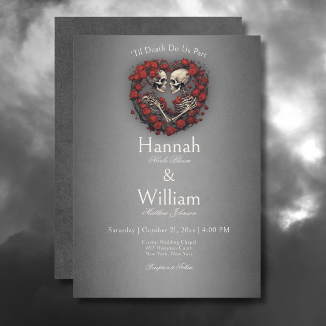 Gotham Mörk Skeletons & Ro Heart Bröllop Inbjudningar (Gothic Dark Skeletons & Rose Heart Wedding Invitation)