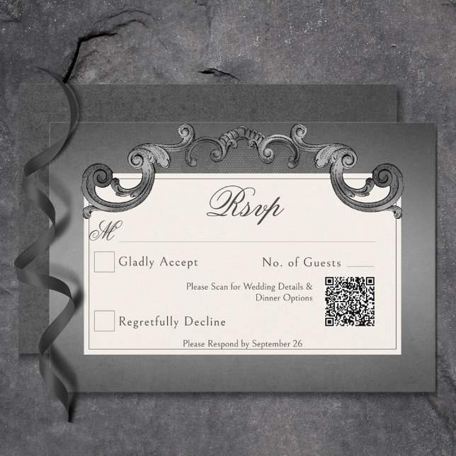 Gotham Mörk Skeletons & Ro Heart Bröllop QR Code OSA Kort (Gothic Dark Skeletons & Rose Heart Wedding QR Code RSVP Card)