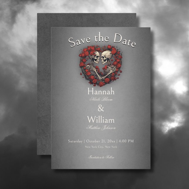 Gotham Mörk Skeletons & Ro Heart Bröllop Spara Datumet (Gothic Dark Skeletons & Rose Heart Wedding Save the Date Card)