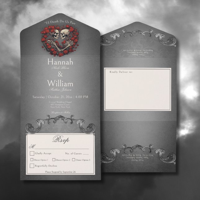 Gotham Mörk Skeletons & Ro Heart Middag (Gothic Dark Skeletons & Rose Heart All In One Wedding Invitation with Dinner Options)