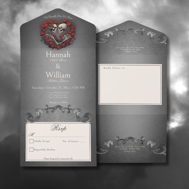 Gotham Mörk Skeletons & Ro Heart No Middag (Gothic Dark Skeletons & Rose Heart All In One Wedding Invitation without Dinner Options)