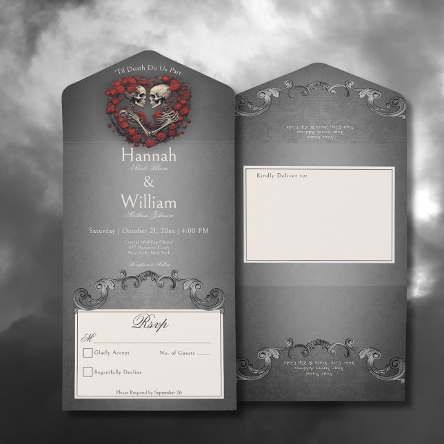 Gotham Mörk Skeletons & Ro Heart No Middag (Gothic Dark Skeletons & Rose Heart All In One Wedding Invitation without Dinner Options)