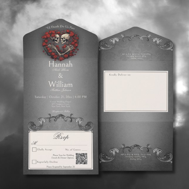 Gotham Mörk Skeletons & Ro Heart QR Code (Gothic Dark Skeletons & Rose Heart All In One Wedding Invitation with QR Code)