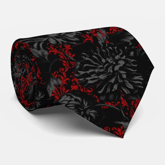 Gotham Red Damask Black Blommigt 2 Bröllop Neck Ti Slips (Rullad)