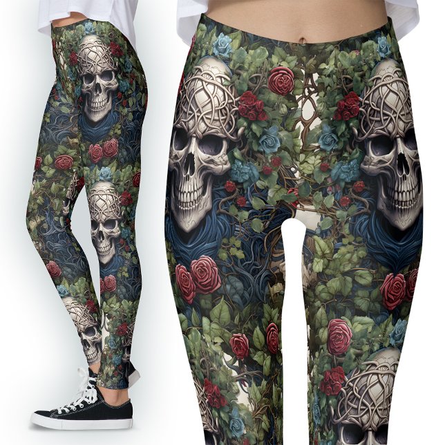 Gotham Röd ros Blåa blommor Ivy Celtic Döskallars Leggings (Skapare uppladdad)