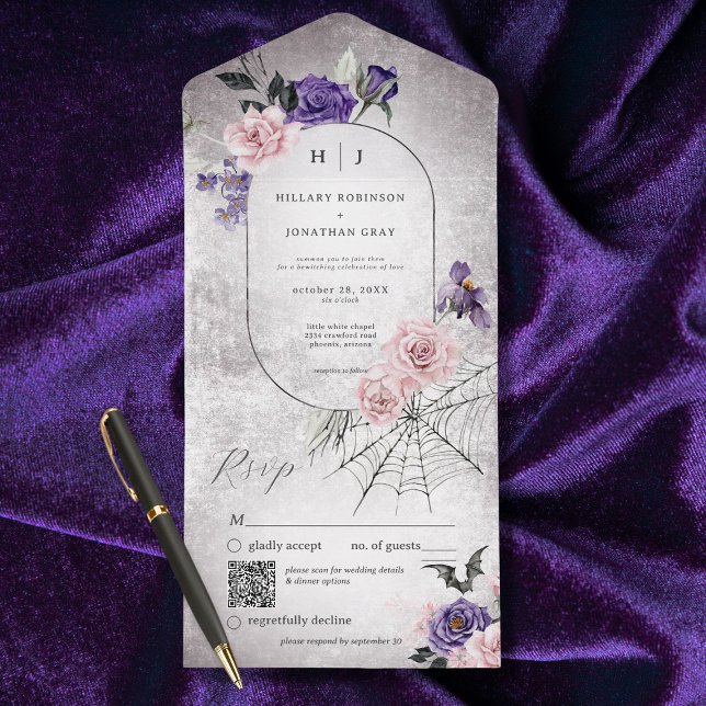 Gotham Rosa & Lila Blommigt Halloween QR-kod (Also available without a QR code; with or without dinner selection options.)