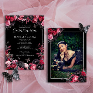 Gotham Rosa Red & Black Moody Blommigtar Quinceañe Inbjudningar