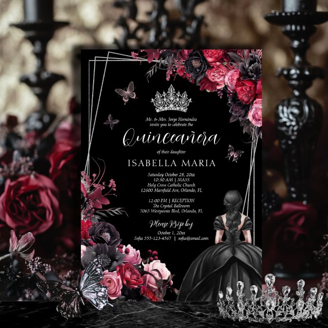 Gotham Rosa Red & Black Moody Blommigtar Quinceañe Inbjudningar (Gothic quinceañera invitation with tiara, princess dress and pink, black and red florals.)