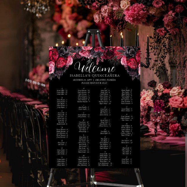 Gotham Rosa Red & Black Moody Blommigtar Quinceañe Poster (Gothic quinceañera seating chart with pink, red and black watercolor flowers.)