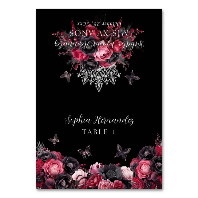 Gotham Rosa Red Black Moody Quinceañera Place Card Bordsnummer (Framsidan)