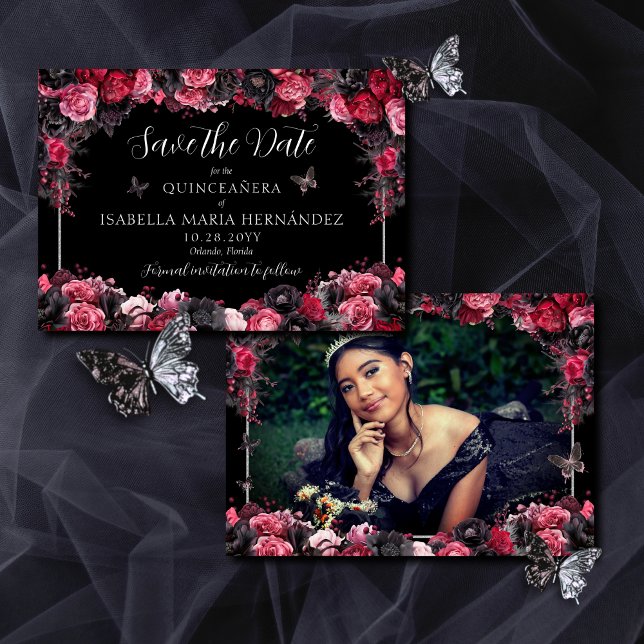 Gotham Rosa Red & Black Moody Quinceañera Spara Datumet (Elegant, gothic save the date card for quinceañera with pink, red and black moody florals.)