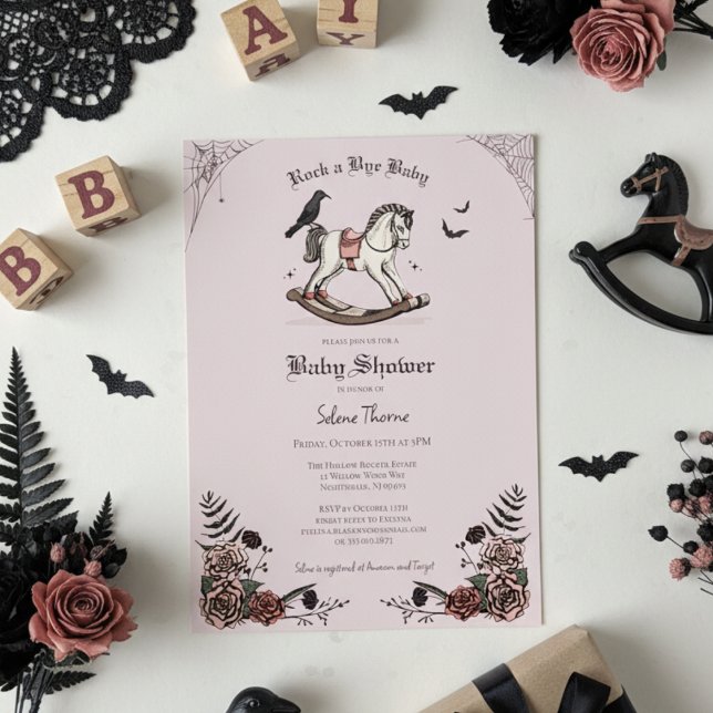 Gotham Rosa Rocking Horse Sten a Adjö Baby Shower Inbjudningar (Gothic Baby Shower Invitations. Elegant Pink Floral Spooky Rocking Horse Illustration for Halloween )