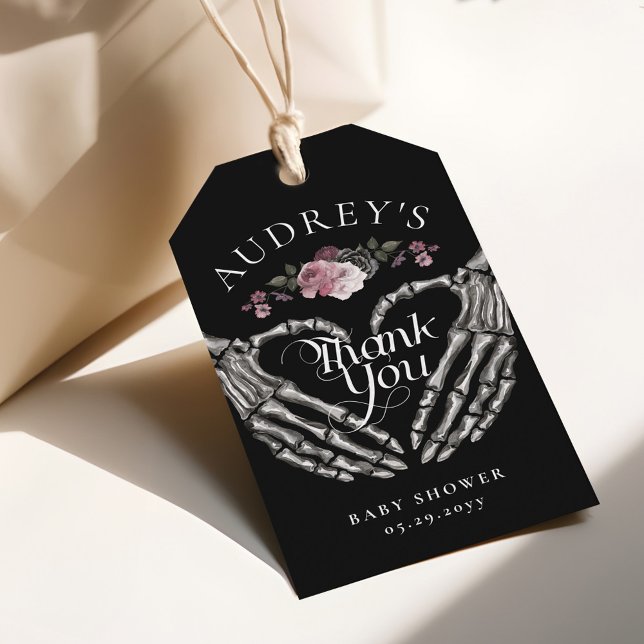 Gotham Skeleton Händer Heart Baby Shower Tack Presentetikett (Gothic Skeleton Hands Heart Baby Shower Thank You Gift Tags)
