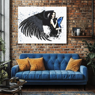 Gothic Angel Vingar Black Cat Canvastryck