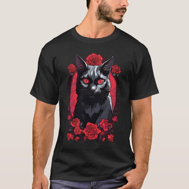 Gothic Animal Porträtt | Svart katt T Shirt (Framsida)