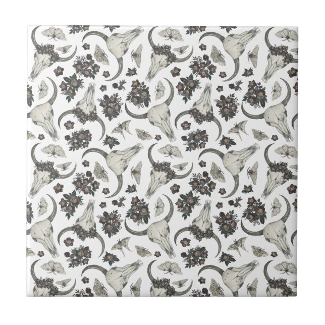 Gothic Animal Skull med blommor Mönster Kakelplatta (Framsidan)