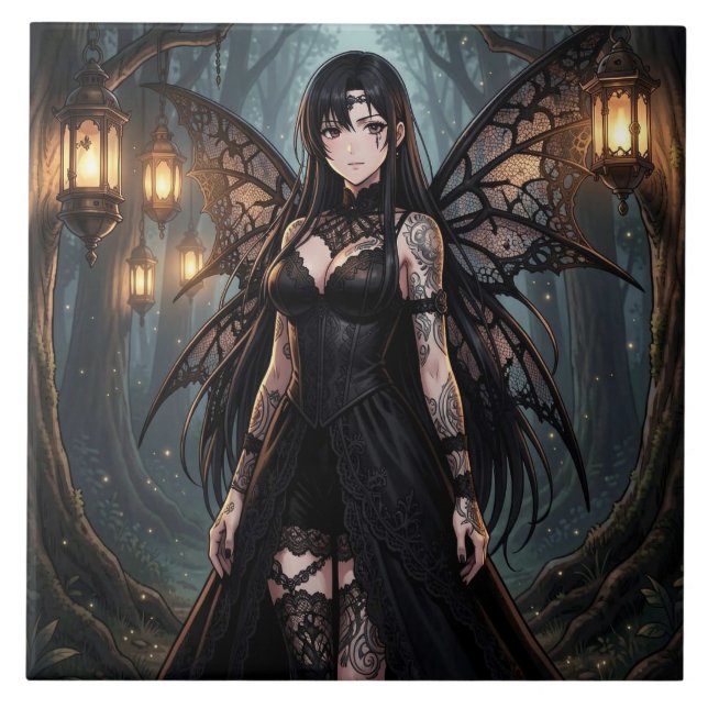 Gothic Anime Fairy Girl in Enchanted Forest Kakelplatta (Framsidan)
