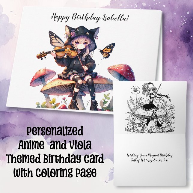Gothic Anime Girl med Viola på Mushroom Birthday Kort (Skapare uppladdad)