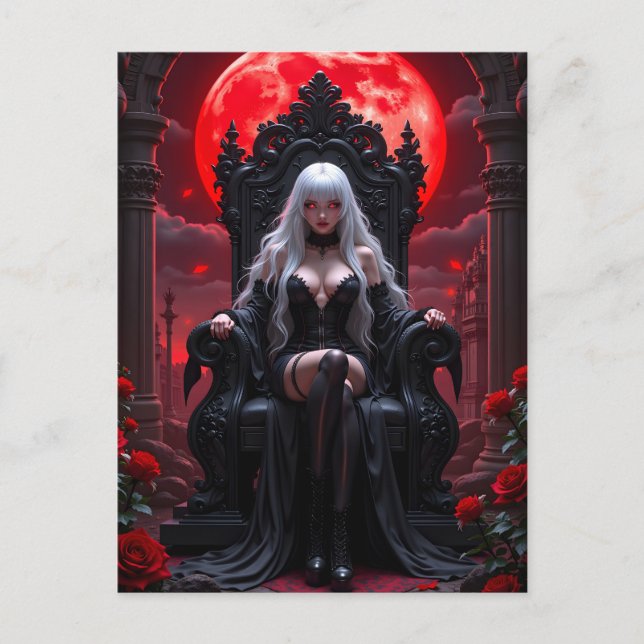 Gothic Anime Vampire Queen Red Måne Halloween Helg Vykort (Framsida)