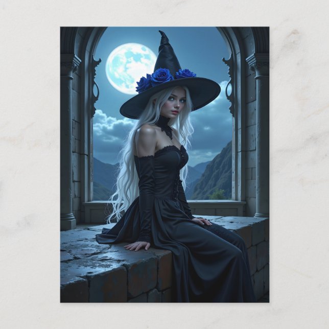 Gothic Anime Witch Blue Ro Moonlit Halloween Helg Vykort (Framsida)