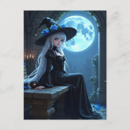 Gothic Anime Witch Fullt Blue Måne Halloween Helg Vykort