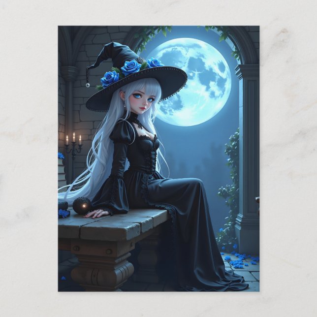 Gothic Anime Witch Fullt Blue Måne Halloween Helg Vykort (Framsida)
