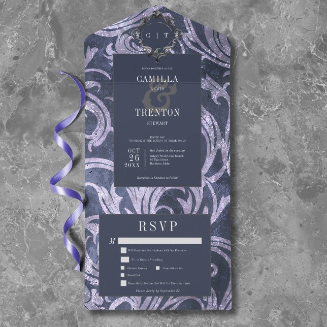 Gothic Antique Lila Damask Middag Bröllop (Gothic Antique Purple Damask Dinner Wedding All In One Invitation)