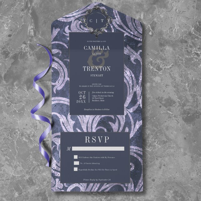 Gothic Antique Lila Damask No. Middag Bröllop (Gothic Antique Purple Damask No Dinner Wedding All In One Invitation)
